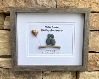 Golden Wedding Anniversary Personalized Pebble Art, 8x10 Framed 50th Anniversary Gift for Parents, Friends, Spouse
