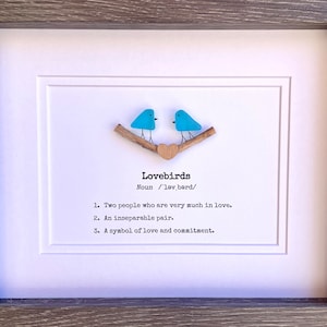 Lovebirds Sea Glass Art Showing Two Birds in Love, Framed 8x10 Valentine’s Day Gift, Unique Romantic Artwork