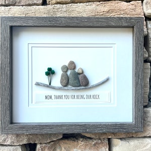 Personalized Gift for Mom, 9x11 or 6x8 Framed Pebble Art Picture, Unique Gift for Mom of Two Kids, Caption Mom, Thanks for Being Our Rock image 2