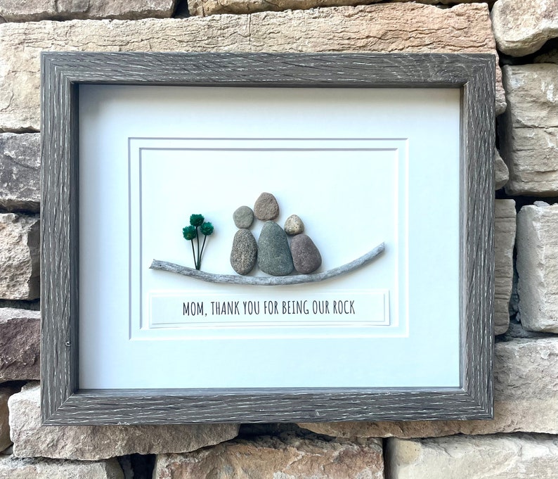 Personalized Gift for Mom, 9x11 or 6x8 Framed Pebble Art Picture, Unique Gift for Mom of Two Kids, Caption Mom, Thanks for Being Our Rock image 2