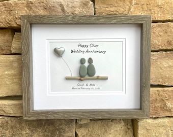 Anniversaire de mariage en argent personnalisé Pebble Art, 8 x 10 encadré 25e anniversaire cadeau pour parents, amis, conjoint