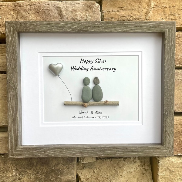 Silver Wedding Anniversary Personalized Pebble Art, 8x10 Framed 25th Anniversary Gift for Parents, Friends, Spouse