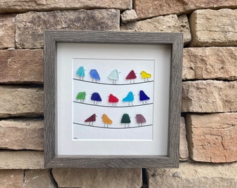 Rainbow Sea Glass Birds Sitting on Power Lines, Original Handmade Artwork, Minimalist Beach Decor, 9x9 in frame