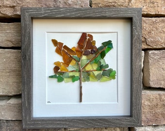 Fall Autumn Leaves Sea Glass Art, 9x9 Framed Original Picture, Handmade Natural Fall Home Decor, Fall Gift for Friend, Spouse, Parent