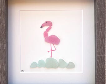 Arte de vidrio marino con flamencos hecho a mano / Decoración de pared costera colorida de 9x9
