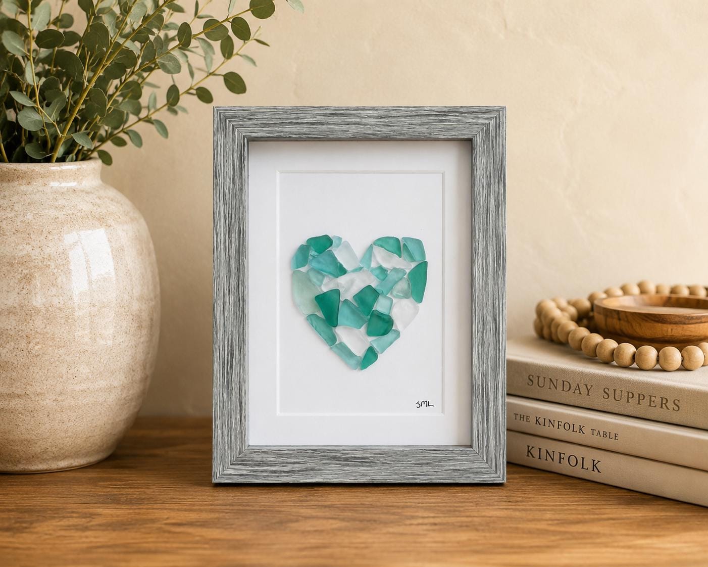 天然石seaglass art ✴︎ゆめのまち Sea Glass Love Heart Art, 6x8” Framed Original Artwork in Shades