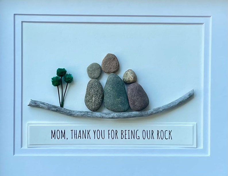 Personalized Gift for Mom, 9x11 or 6x8 Framed Pebble Art Picture, Unique Gift for Mom of Two Kids, Caption Mom, Thanks for Being Our Rock image 3