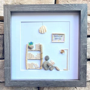 Unique Gift for Book Lovers, 8x8 Pebble Art Picture of Reader Surrounded by Books, Wall Sign Says &quot;Reading is My Happy Place&quot;