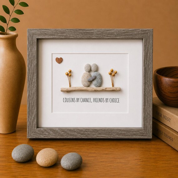 Handmade Gift for Cousin Made From Beach Pebbles and Driftwood, 8x10 Framed Pebble Art, Personalized Gift for Cousin