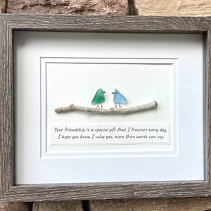 Handmade Friendship Gift | Sea Glass Bird Art with Quote | Original 8x10 Framed Gift for Best Friend, Sister, Brother, Cousin, Birthday