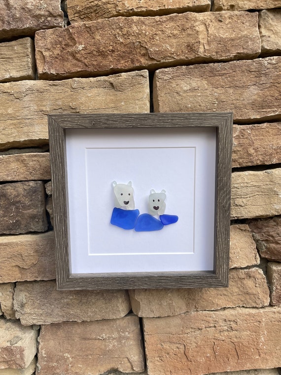 宝物♡Sea glass art Polar Bear Sea Glass Art, 8x8 Framed Original Seaglass