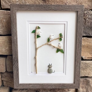 Pebble Cat Watching Birds in a Tree, 8x10 Framed Cat Artwork Made from Sea Glass, Pebbles and Driftwood, Perfect Gift for Cat Lovers