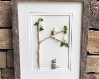 Pebble Art Cat Watching Birds, Framed Sea Glass and Driftwood, 8x10