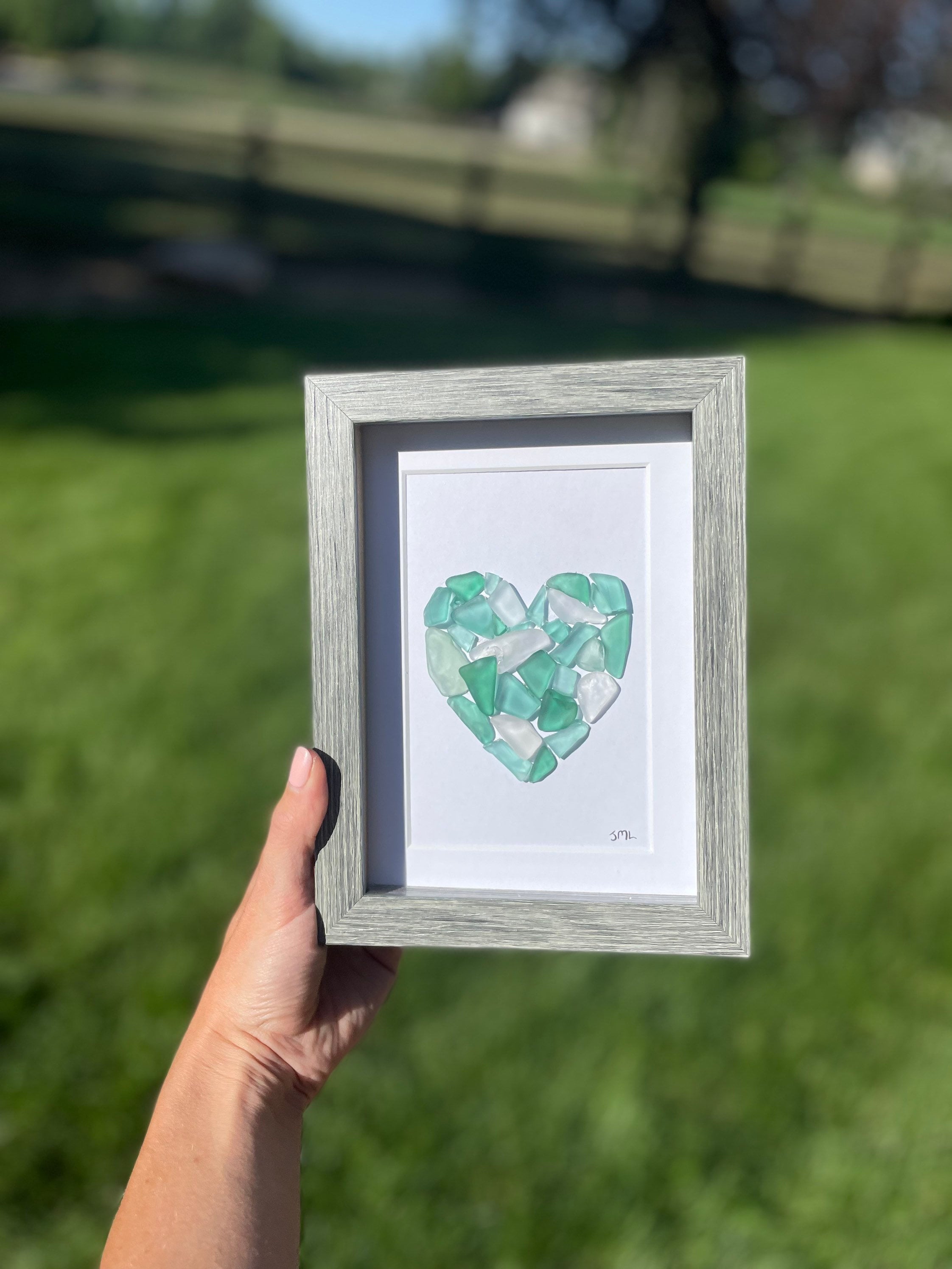 Sea Glass Love Heart Art, 6x8” Framed Original Artwork in Shades