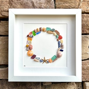 Beach Mosaic Circle Made of Sea Glass, Shells, Sea Pottery and Pebbles, 9x9 Framed Handmade Original Coastal Decor
