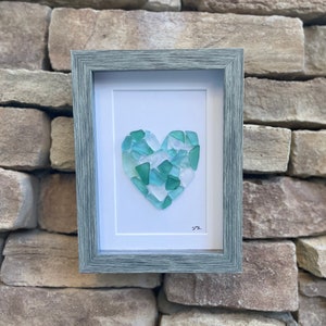 Seaglass Love Heart in Shades of Teal and Blue, Framed 5 x7” Original Artwork, Perfect Gift for Sea Glass or Beach Lovers