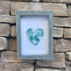 Seaglass Love Heart in Shades of Teal and Blue, Framed 5 x7” Original Artwork, Perfect Gift for Sea Glass or Beach Lovers