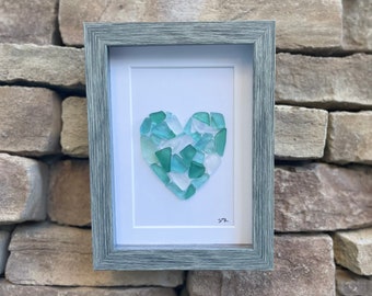 Seaglass Love Heart in Shades of Teal and Blue, Framed 5 x7” Original Artwork, Perfect Gift for Sea Glass or Beach Lovers