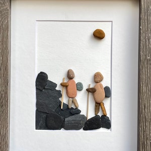 Couple of Hikers 8 x 10 Framed Handmade Pebble Art, Hiking Art, Hiking Gift image 2