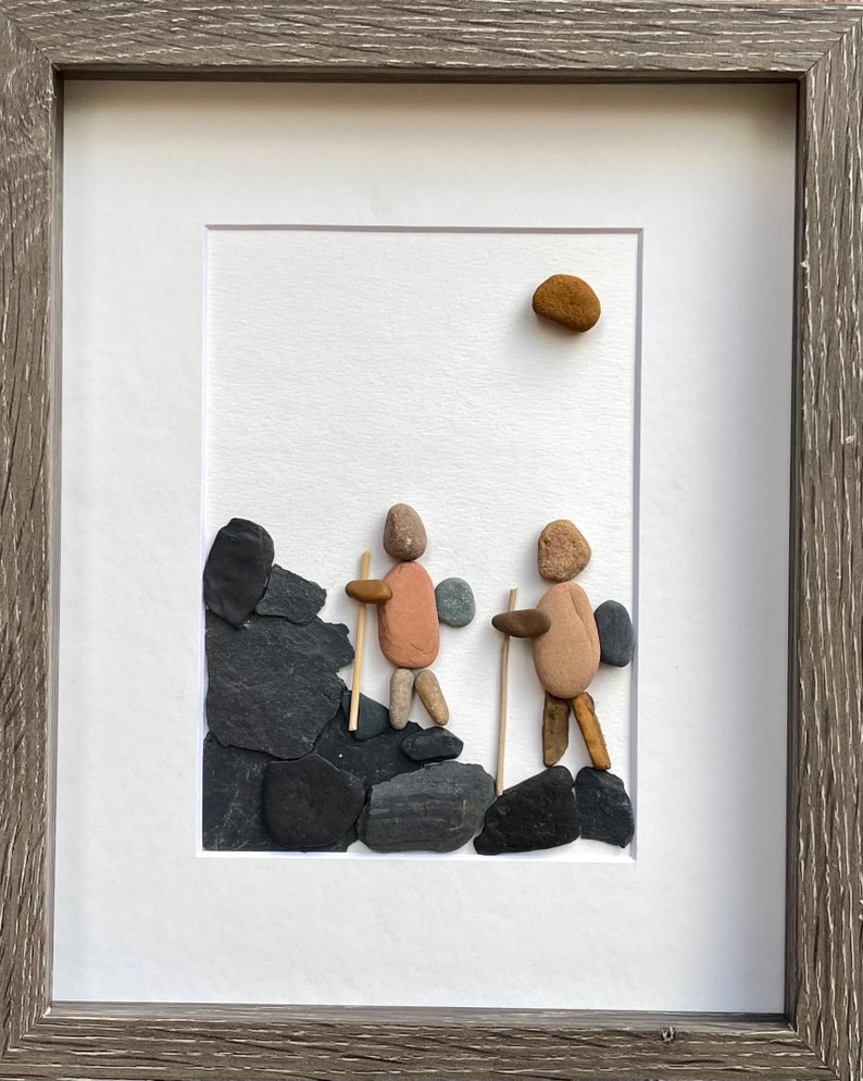 Couple of Hikers 8 x 10 Framed Handmade Pebble Art, Hiking Art, Hiking Gift image 2
