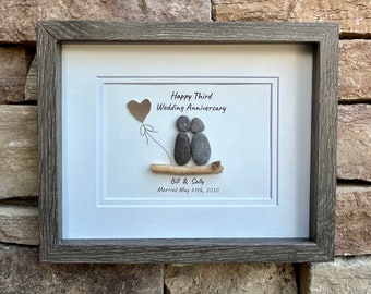 3rd Wedding Anniversary Personalized Pebble Art Gift, Leather 3 Year Anniversary Art, Third Anniversary Gift for Wife, Husband, Child