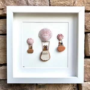 Hot Air Balloon Framed Original Wall Art, 9x9 Pebble Art Pictute of 3 Balloons Made From Shells, Pebbles, Dried Glass, Natural Art, Upcycled