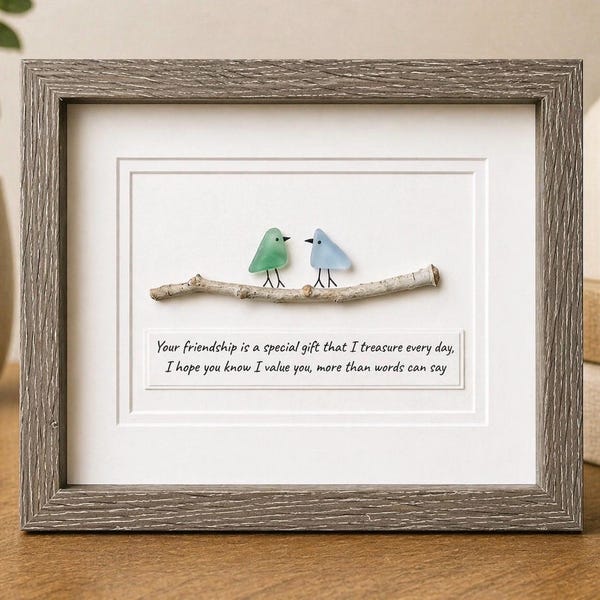 Handgemaakt vriendschapscadeau | Zeeglasvogelkunst met citaat | Origineel ingelijst cadeau van 8 x 10 voor beste vriend, zus, broer, neef en verjaardag
