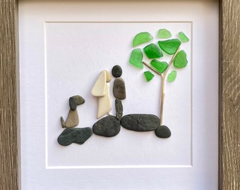 Unique Wedding Gift, 8x8 Handmade Pebble, Sea Glass and Pottery Collage, Great Gift for Newly Weds with Dog