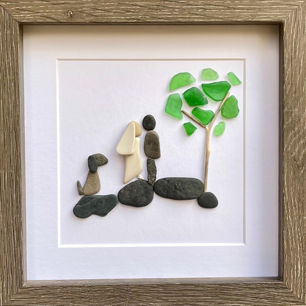 Unique Wedding Gift, 8x8 Handmade Pebble, Sea Glass and Pottery Collage, Great Gift for Newly Weds with Dog