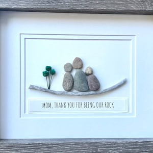 Gift for Mom, 9x11 or 6x8 Framed Pebble Art Picture, Unique Gift for Mom of Two Kids, Caption &quot;Mom, Thanks for Being Our Rock&quot;