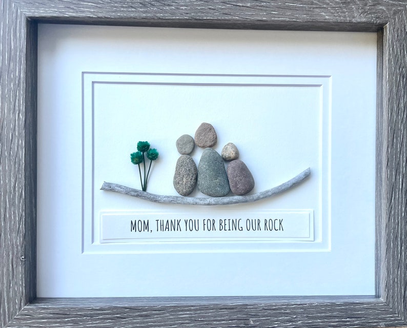 Personalized Gift for Mom, 9x11 or 6x8 Framed Pebble Art Picture, Unique Gift for Mom of Two Kids, Caption Mom, Thanks for Being Our Rock image 1