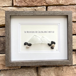 The Mountains Are Calling Sea Glass and Pebble Art, 8x10 Framed Original Artwork