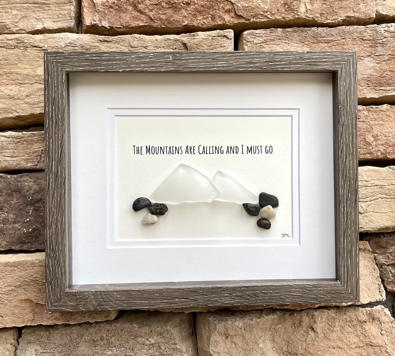 The Mountains Are Calling Sea Glass and Pebble Art, 8x10 Framed Original Artwork