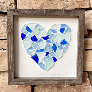 Seaglass Love Heart in Rare Shades of Teal and Blue, 9x9 Framed Original Sea Glass Artwork, Minimalist Beach Decor, Gift for Her, Sister