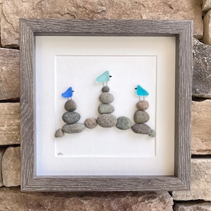 Sea Glass Birds on Rock Piles, 9 x 9 Framed Original Handmade Pebble Beach Art, Minimalist Beach Decor
