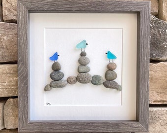 Sea Glass Birds on Rock Piles, 9 x 9 Framed Original Handmade Pebble Beach Art, Minimalist Beach Decor