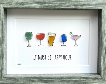 Happy Hour Sea Glass Art, 5x7 Framed Handmade Picture, Bar Decoration, Cocktail Art, Housewarming Gift