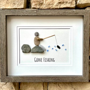 Gone Fishing Pebble and Sea Glass Art, 9 x 9” Personalized Fishing Gift