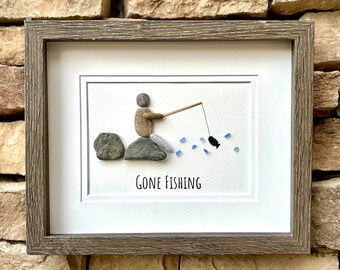 Gone Fishing Pebble and Sea Glass Art, 9 x 9”  Personalized Fishing Gift