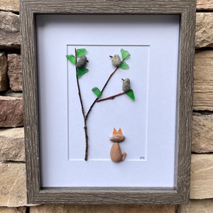 Cat Watching Birds in a Tree 8x10 Framed Pebble Art, Perfect Gift for Cat Lovers