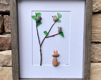 Pebble Art, Cat Watching Birds, Framed Coastal Artwork (8x10)