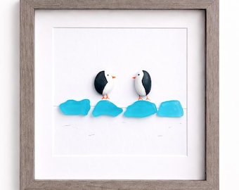 ペンギン - 小石アート＆シーグラス絵画 - 手作りの額入りペンギン