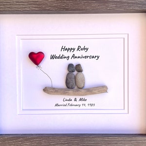 40th Wedding Anniversary Personalized Pebble Art, 8x10 Framed Handmade Ruby Anniversary Gift for Parents, Friends, Spouse