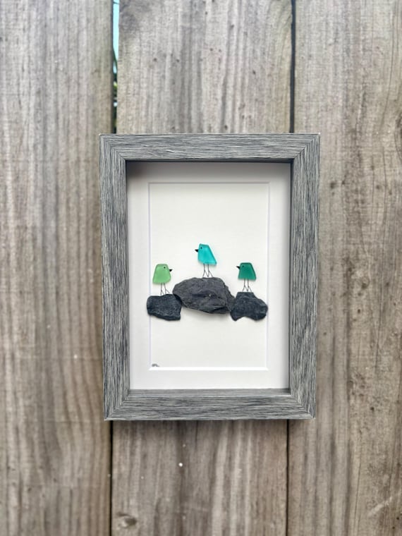 3 Sea Glass Birds on Rock Piles, 6x8” Framed Original Handmade Pebble Beach Art, Minimalist Coastal Decor