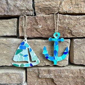 Scottish Sea Glass Sailing Ornaments, Choose Between 2 Handmade Decorations Featuring a Sailboat and an Anchor, Perfect Gift for Sailor