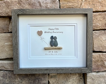 5th Wedding Anniversary Personalized Pebble Art, 8x10” Framed Wood Anniversary Gift for Wife, Husband, Friends, Custom Wooden Present