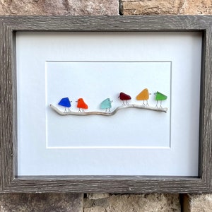 Sea Glass and Driftwood Rainbow Birds, 8x10 Framed Original Handmade Art, Minimalist Beach Glass Decor