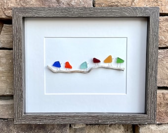 Sea Glass and Driftwood Rainbow Birds, 8x10 Framed Original Handmade Art, Minimalist Beach Glass Decor