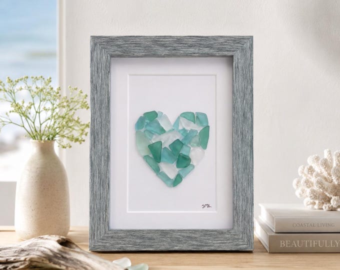 Sea Glass Love Heart Art, 6x8” Framed Original Artwork in Shades of Blue & Teal