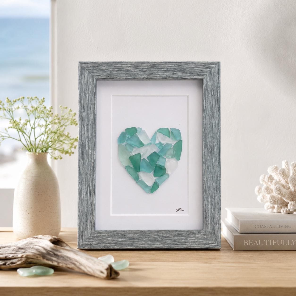 Sea Glass Love Heart Art, 6x8” Framed Original Artwork in Shades